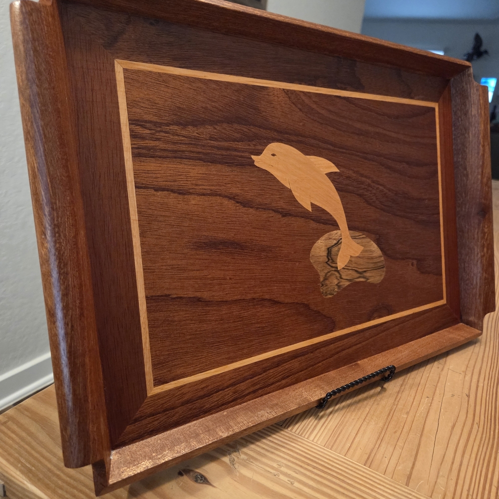 Vintage Marquetry Dolphin Inlay Design Wood Serving Tray